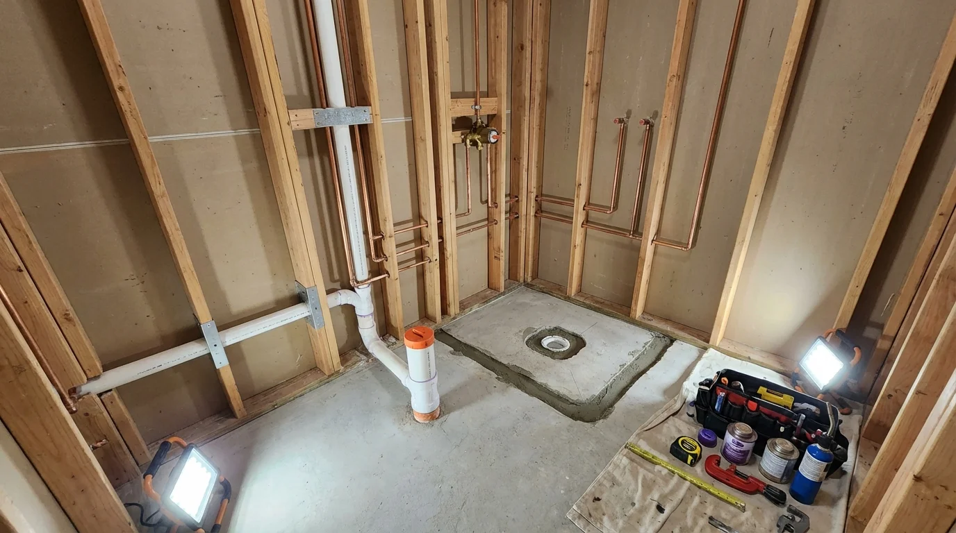 Bathroom rough-in plumbing during remodel by Johns Plumbing LLC in Valley Springs