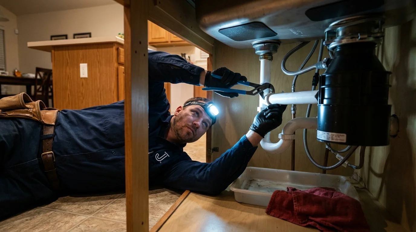 P-trap and supply line connections under a kitchen sink showing a common leak point in Valley Springs, CA